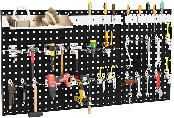 Pegboard Wall Organizer, 3 Pieces Metal Pegboard Panels with 25 Hooks, Storage Platform & Square Hole, Pegboard Kit for Utility Tools, Garage & Workshop(Black)