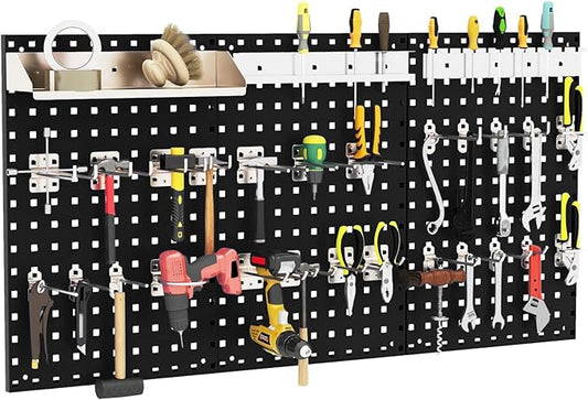 Pegboard Wall Organizer, 3 Pieces Metal Pegboard Panels with 25 Hooks, Storage Platform & Square Hole, Pegboard Kit for Utility Tools, Garage & Workshop(Black)