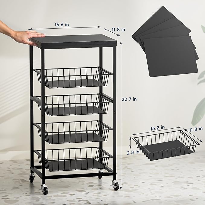 Snack Cart, 5-Tier Kitchen Carts on Wheels with Storage,Fruit Basket Stand with Pull-Out Baskets and Wood Top,Kitchen Organizer for Fruit Vegetable Snack (Black)