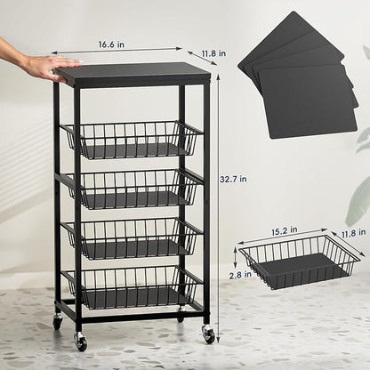 Snack Cart, 5-Tier Kitchen Carts on Wheels with Storage,Fruit Basket Stand with Pull-Out Baskets and Wood Top,Kitchen Organizer for Fruit Vegetable Snack (Black)