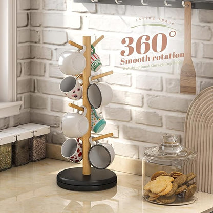 Mug Holder Tree 360° Rotated Mug Tree Coffee Cup Holder Bamboo Rack Stand 8 Hooks for Countertop Cup Rack Kitchen Coffee Bar Organizer Decorative Mug Racks (Natural+Black)