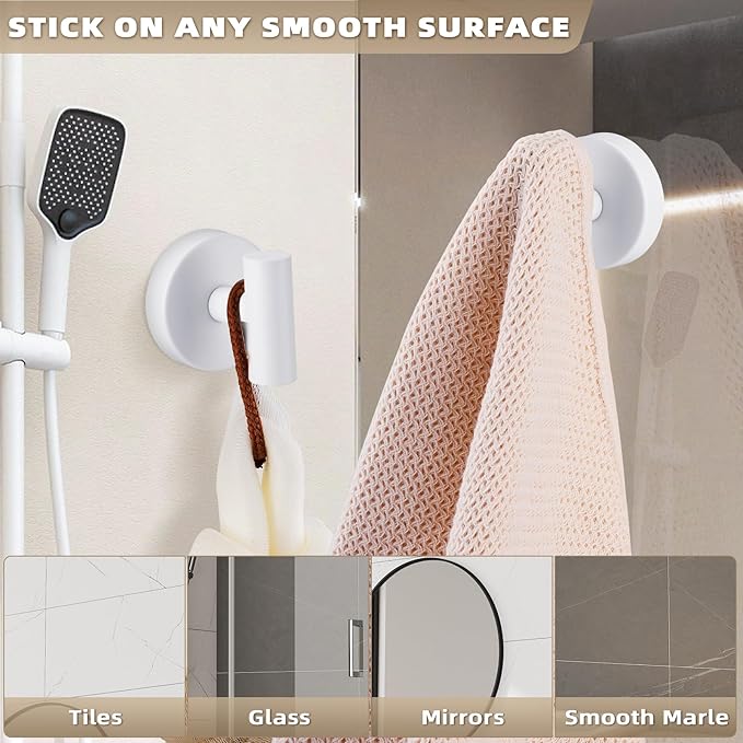 Fenas Suction Cup Hooks for Shower - Bathroom Reusable Hooks for Towels, Robes & Loofah - No-Drill Mounting on Kitchen,Walls,Metal,Glass,Mirrors,Tile & Smooth Non-Porous Surfaces (4, White)
