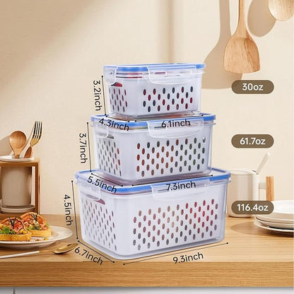 Zmxiabo 3 PCS Fruit Storage Containers for Fridge Food Storage Container Set with Removable Strainer Lid with Strainer Fruit & Vegetable Crisper BPA-Free Plastic Crisper for Long-Term Freshness