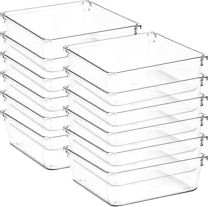 Ravinte Decor 12 Pack Drawer Organizer - 6" X 6" Clear Acrylic Storage Bins with Non-Slip Pads, Versatile Desk Tray for Makeup, Jewelry, Kitchen, Bathroom, and Office Organization