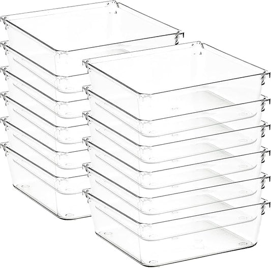 Ravinte Decor 12 Pack Drawer Organizer - 6" X 6" Clear Acrylic Storage Bins with Non-Slip Pads, Versatile Desk Tray for Makeup, Jewelry, Kitchen, Bathroom, and Office Organization
