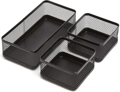 1InTheOffice Desk Baskets and Organizers Tray, Black Mesh Tray, Black Wire Mesh, 3-Compartment Stackable