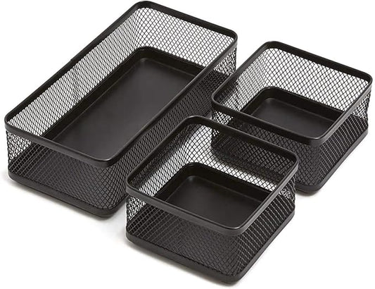 1InTheOffice Desk Baskets and Organizers Tray, Black Mesh Tray, Black Wire Mesh, 3-Compartment Stackable