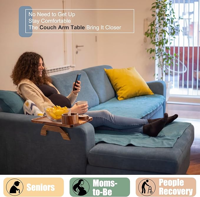 Nnewvante Couch Arm Table with Cheese Board, 4 in 1 Large 15.7"x9.85" Acacia Wood Sofa Arm Clip on Tray with 360 Rotated 2 Cup Holder & Phone Holder & Knife Fork on Armrest