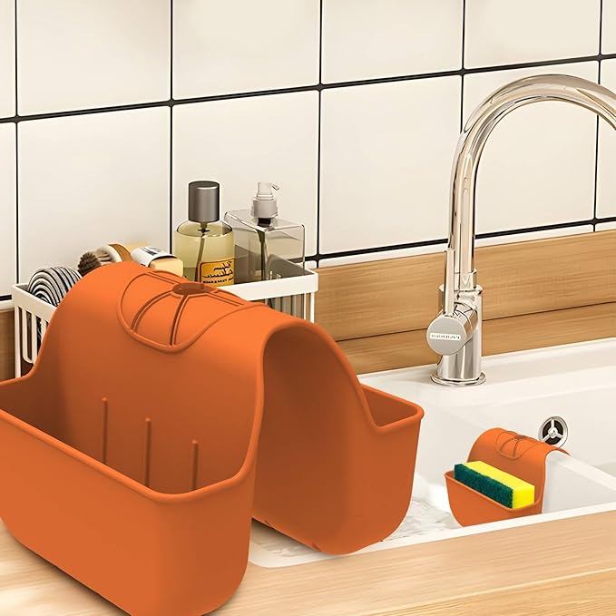 VPASION Sponge Holder for Kitchen Sink, Silicone Sink Saddle Caddy Organizer Rack, Sponges Holder Over Faucet, Hanging Kitchen Organizer Accessories Rack Basket Orange