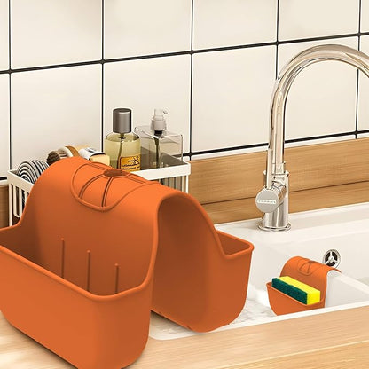 VPASION Sponge Holder for Kitchen Sink, Silicone Sink Saddle Caddy Organizer Rack, Sponges Holder Over Faucet, Hanging Kitchen Organizer Accessories Rack Basket Orange