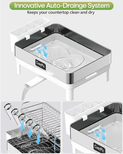 CosyPic 2 Tier Dish Drying Rack, Thicker Premium 304 Stainless Steel Dish Racks for Kitchen Counter, Automatic Drainage Spout, Dish Drainer & Drainboard Set with Utensil Holder and Cup Holder, White