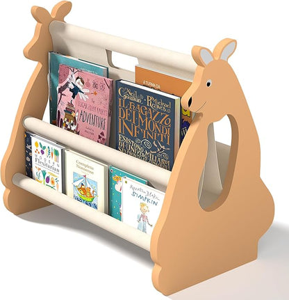 Double Sided Kids Bookshelf – 2 Tier Portable Toddler Bookshelf, Book Shelf for Kids Rooms & Playroom, Cute Kangaroo Design Wooden Montessori Baby Bookshelf,Toddler Book Display Shelves,Brown