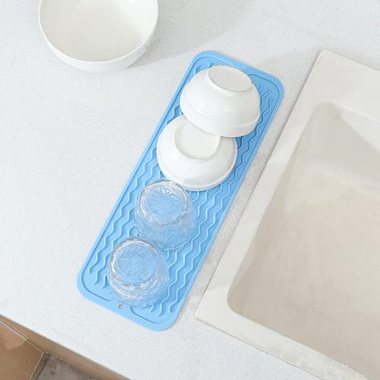 Silicone Dish Drying Mat for Multiple Usage,Easy clean,Eco-friendly,Heat-resistant Silicone Mat for Kitchen Counter,Sink,Bar,Bottle,or Cup Light Blue M 17 inches x 6 inches