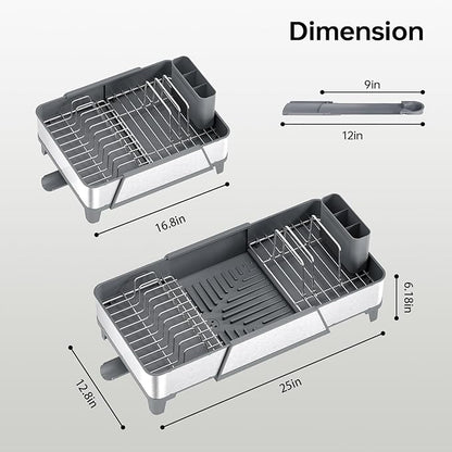 Urackify Large Dish Drying Rack - Triple Expandable Dish Rack for Kitchen Counter, Stainless Steel Sink Organization and Storage Essentials with Utensil & Pans Holder for Home and Appartment, Gray