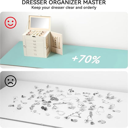 Frebeauty Large Jewelry Box,6-Tier PU Leather Jewelry Organizer,Multi-functional Storage Case with Mirror,Accessories Holder with 5 Drawers for Necklace Bracelets Watches(Pearl White)