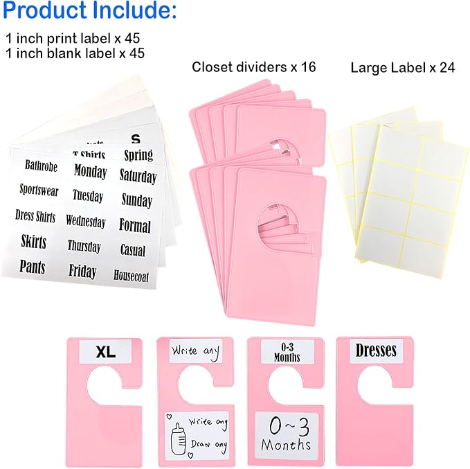 16 Pack White Clothing Rack Size Dividers Plus 45 Labels (1 Inch) and 18 Large Blank Labels, Large Rectangular Clothing Closet Dividers (Pink)
