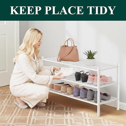 Smiry Long Bamboo Shoe Rack 3-Tier, Stackable Wooden Shoe Organizer for Entryway & Closet, Free Standing Wood Shoe Storage Shelf for Front Door & Small Spaces, White