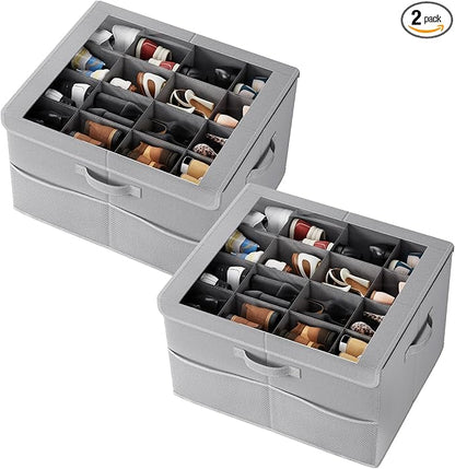 PHINOX Shoe Organizer for Closet, Fits up to 16 Pairs, Shoe Storage Bins with Clear Cover and Reinforced Handles, Foldable Shoe Storage Organizer, Space Saving Shoe Holder for Wardrobe, 2 Pack Grey
