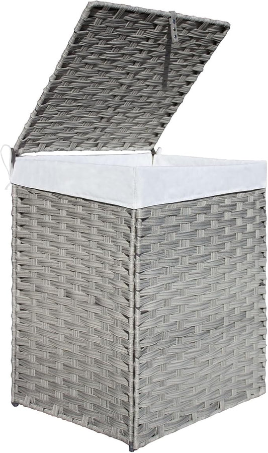 Woven Laundry Hamper with Lid,34 Gal(130 L) Rattan Wicker Laundry Basket 2 Sections with Lid, Removable Machine Washable Line, Large Clothes Hamper with Handles for Bathroom Bedroom, Gray