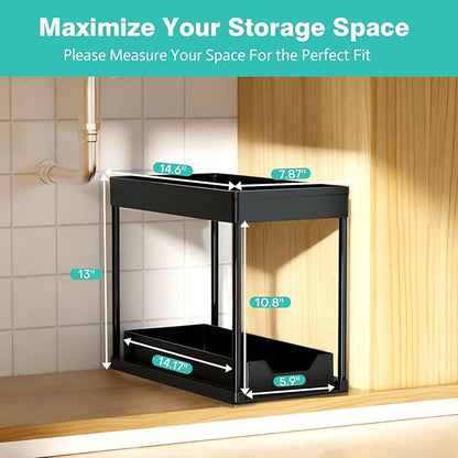 Under Sink Organizers 2 Pack, Pull-Out Sliding Cabinet Organizer with 2-Tier Storage Shelf & 4 Hooks, Multi-Purpose for Kitchen & Bathroom (13 Inch, Black)
