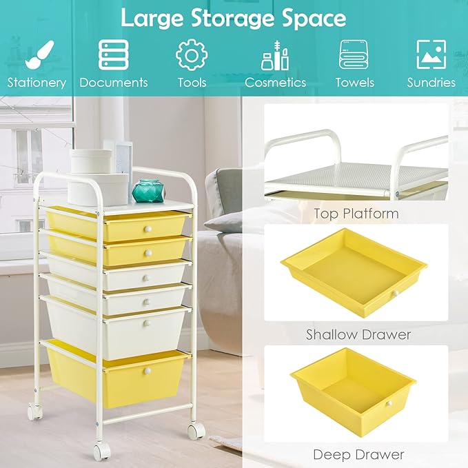Happygrill 6-Drawer Organizer Cart Tools, Mobile Utility Storage Cart with Removable Drawers & Lockable Wheels, Rolling Storage Cart with Wheels for Home Office,Yellow