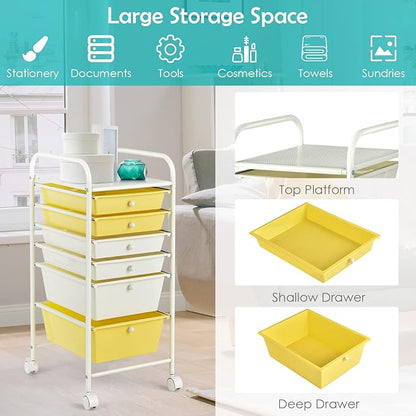 Happygrill 6-Drawer Organizer Cart Tools, Mobile Utility Storage Cart with Removable Drawers & Lockable Wheels, Rolling Storage Cart with Wheels for Home Office,Yellow