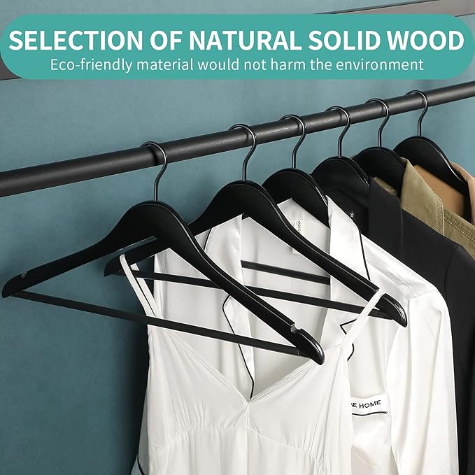 Perfecasa Grade A Real Wood Hangers 20 Pack, Suit, Coat, Solid Wood Construction, Smooth Finishes, Non-Slip Pants Bars, Soft Coated Hooks, 360° Swivel Hooks, Premium Quality Wooden Hangers (Black)