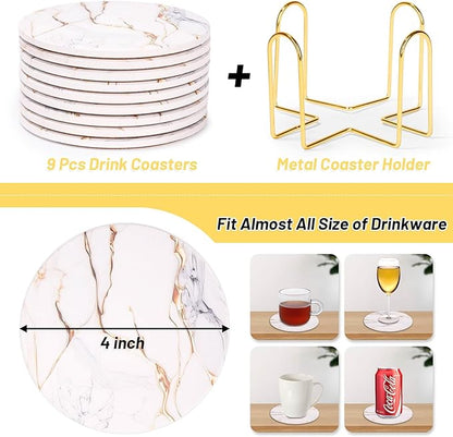 9 Pieces Ceramic Drink Coasters with Holder, Billbotk Absorbent Drink Coasters for Coffee Table, Marble Style Coasters Wooden Table, Suitable for Kinds of Cups, 4 Inches