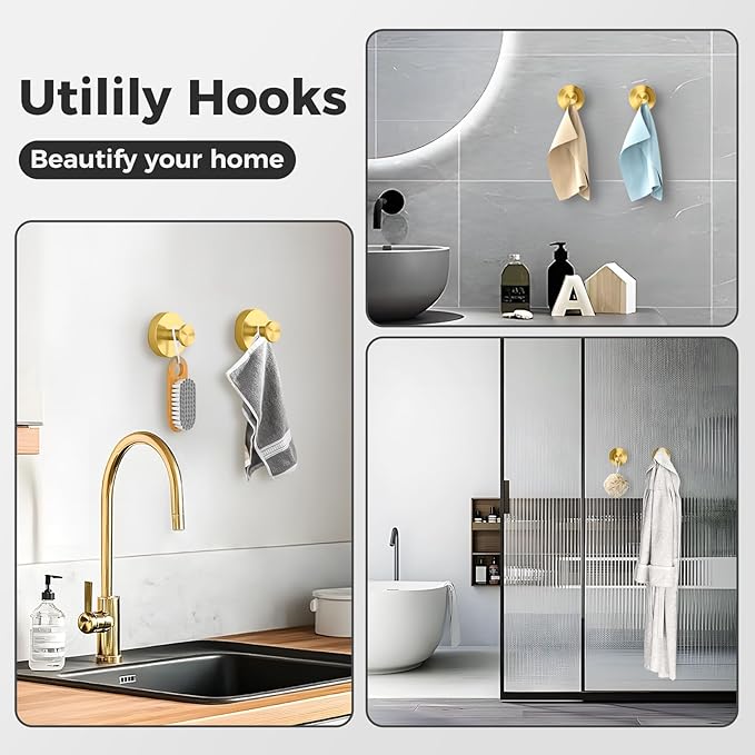 WingWider Shower Hooks for Inside Shower,Suction Cup Hooks for Glass Window,Removable Towel Hooks for Bathrooms,4 Packs(Gold)