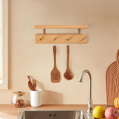 Solid Wood Shelf with Hooks, 12 inch Coat Rack Wall Mount, Shelves with 4 Brass Hooks for Hanging in Entryway, Living Room, Bathroom, Bedroom, Kitchen(Beechwood)