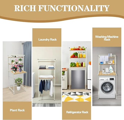 Washer and Dryer Storage Rack, 3 Tier Over The Washer and Dryer Storage Shelf, Bathroom Space Saving Organizer Shelves Space Saver Standing Rack for Bathrooms, Laundry Rooms (White+ Log)