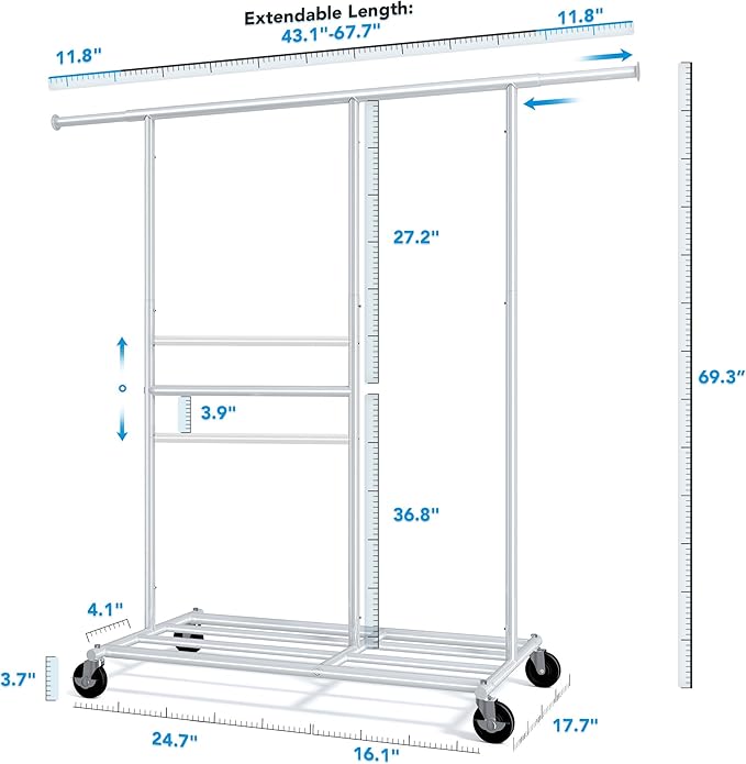 HOKEEPER Clothes Rack, Clothing Rack for Hanging Clothes Heavy Duty Garment Rack with Wheels Commercial Portable Freestanding Closet Rack with Shelves for Bedroom, Living Room, Laundry, Balcony, White