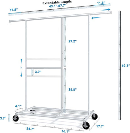 HOKEEPER Clothes Rack, Clothing Rack for Hanging Clothes Heavy Duty Garment Rack with Wheels Commercial Portable Freestanding Closet Rack with Shelves for Bedroom, Living Room, Laundry, Balcony, White