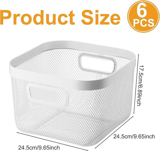 6 Pack Metal Mesh Basket with Hollow Handles White Wire Storage Bin for Organizing Stackable Metal Fine Mesh Basket for Pantry Bathroom Kitchen Cabinets Shelves