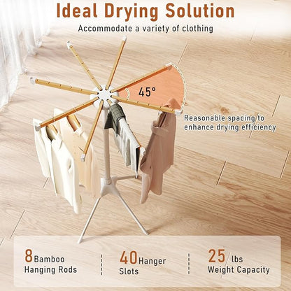 Giantex 4 Legs Clothes Drying Rack, Foldable Laundry Drying Rack with 8 Bamboo Hanging Rods, 40 Hanger Slots and Heavy-Duty Metal Frame, Collapsible Space-Saving Octopus Airer for Indoor Use