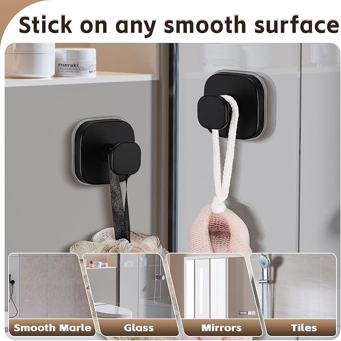 Supopular Heavy Duty Reusable Suction Cup Hooks for Kitchen/Bathroom/Shower - Wet-Proof Hooks for Towels, Robes, Loofah&Wreaths/No Drill Mounting on Glass, Tile, Metal (2, Matte Black)
