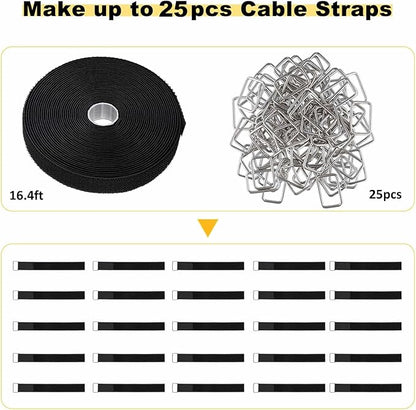 1"x16ft Hook and Loop Straps with 25 Metal Buckles, Adjustable Fastening Cable Straps, Cut-to-Length Cinch Strap, Reusable Nylon Securing Cord Ties for Organizer or Storage, 1 inch Wide, Black
