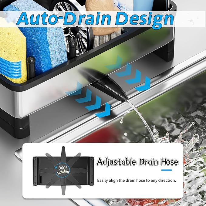 Sink Caddy Organizer with High Brush Holder Kitchen Sponge Holder for Sink with Quick Drain Tray & Detachable Towel Rack, Rustproof Kitchen Countertop Organizer for Sponge Soap Dispenser (Black)