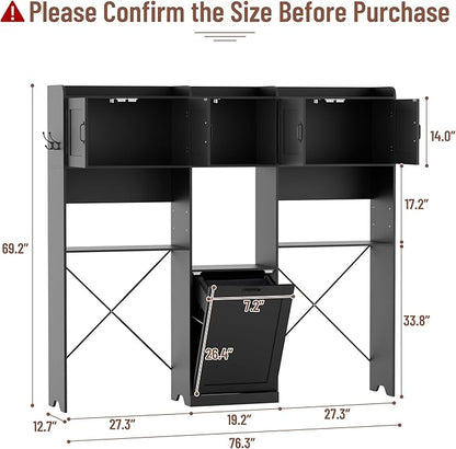 Over The Washer and Dryer Storage Cabinet, Laundry Room Organizer Standing Shelf with Tilt-Out Laundry Hamper Cabinet and Hooks, Space Saving Laundry Room Cabinets