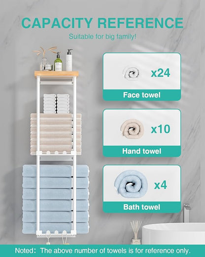 HapiRm Towel Racks for Bathroom Storage - Wall Mounted Towel Holder with Shelf, Rolled Towel Storage Bath Towel Organizer for Small Bathroom, Camper, Rv - White