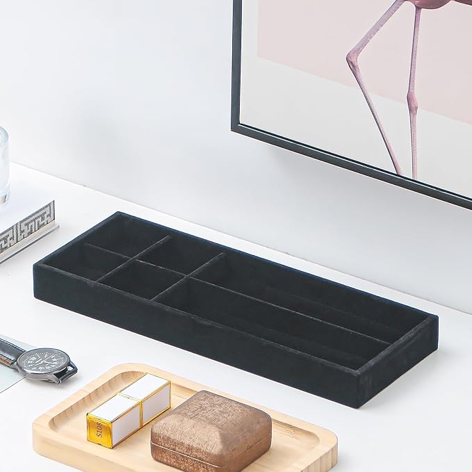 Divided Drawer Organizer Tray, Velvet Jewelry Storage Tray, Necklace Bracelet Ring Earring Display Tray,Bedside Nightstand Desk Holder Tray for Phone Watch Sunglasses Cosmetics Storage/Black/6grid