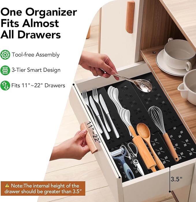 Idcymoul Spice Drawer Organizer 3-Tier Expandable (11"-22" Wide), Spice Rack for Cabinet with Funnel & Spice Labels, Fits Large Jars, Seasoning Storage Insert Design for Cabinet & Drawer (Black)