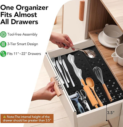Idcymoul Spice Drawer Organizer 3-Tier Expandable (11"-22" Wide), Spice Rack for Cabinet with Funnel & Spice Labels, Fits Large Jars, Seasoning Storage Insert Design for Cabinet & Drawer (Black)