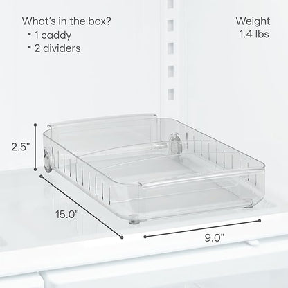 YouCopia RollOut Fridge Caddy BPA-Free Clear Rolling Refrigerator Organizer Bin with Adjustable Dividers and Handles, 9" Wide