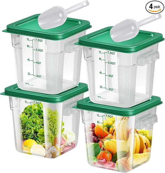 FeyBuosk 4 pcs 8qt Food Storage Containers with Lid, Square Clear Commercial Storage Containers with Handle and Scale for Food Storage in Home Kitchen & Dining (Green)