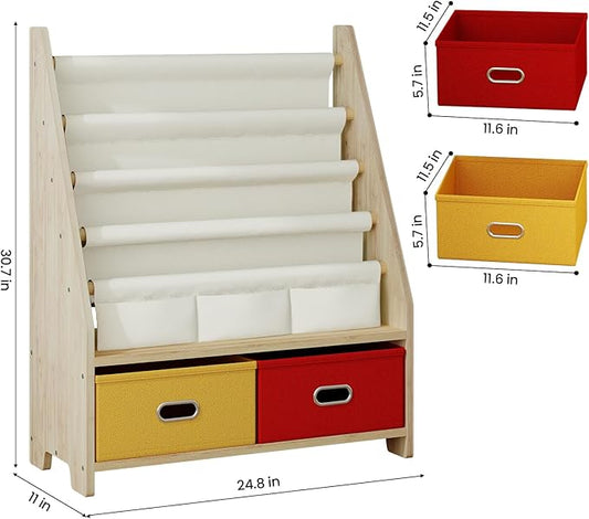 4 Tier Kids Book Shelf, Wooden Kids Book Rack Storage Bookshelf with Toy Storage Organizer, Toddler Sling Bookshelf for Boys, Girls, Play Room, Nursery, Red/Yellow