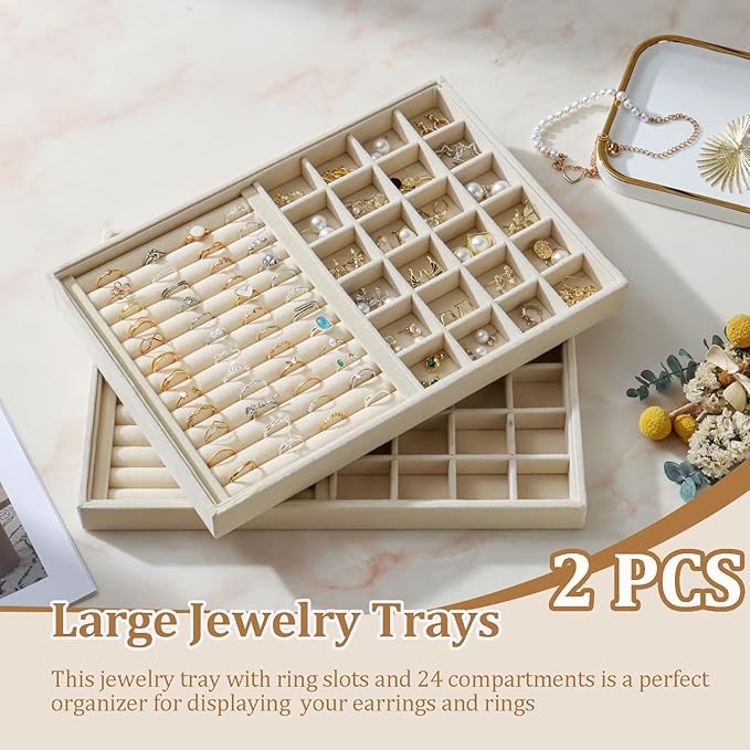 KATISYIO Large Velvet Jewelry Tray 2 Pack Stackable Jewelry Display Drawer Inserts Trays Organizer for Earring Bracelet Necklace Ring (Beige, Ring and 24 Grids)