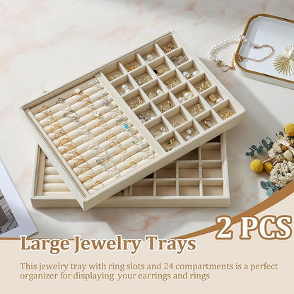 KATISYIO Large Velvet Jewelry Tray 2 Pack Stackable Jewelry Display Drawer Inserts Trays Organizer for Earring Bracelet Necklace Ring (Beige, Ring and 24 Grids)