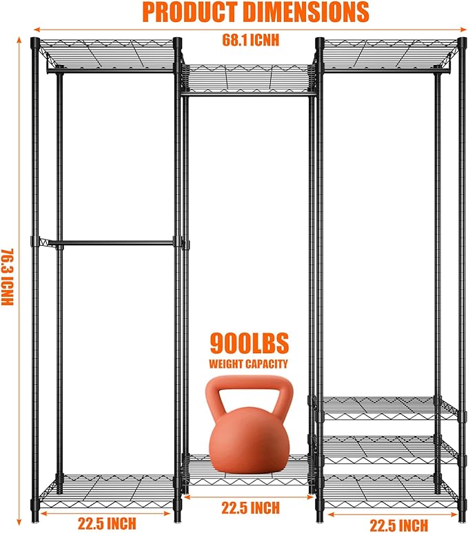Portable Clothes Rack Max Load 900LBS | Heavy Duty Closet Wardrobe | 68.1" W x 14.6" D x 76.3" H | Freestanding Clothing Rack with 4 Hang Rods & 8 Shelves | Black