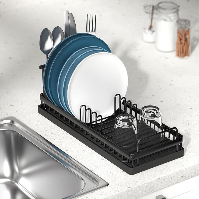 CHLORYARD Small Dish Drying Rack, Compact Sink Dish Drainer Plate Organizer with Utensil Holder and 2pcs Silicone Drying Mats for Kitchen Counter, RVs, Apartments